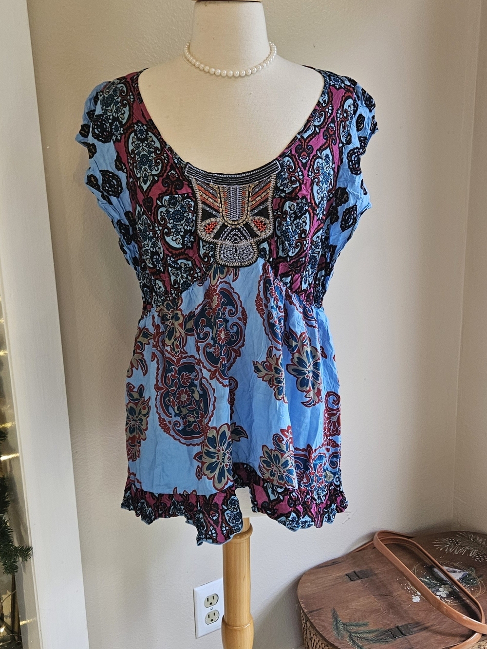Sacred Threads Sky Blue & Magenta Beaded V-Neck Tunic